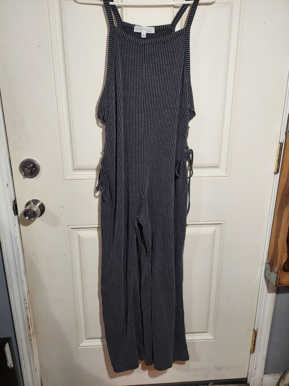 B Famous Ribbed Wide-Leg Jumpsuit in Black Pinstripe Size Large